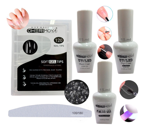 Kit Tips X120 Cherimoya, Base Coat, Top Coat, Press Gel Lima