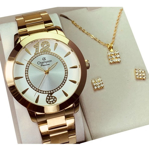 Relógio Champion Feminino Dourado + Colar E Brincos Cor Do Fundo Branco