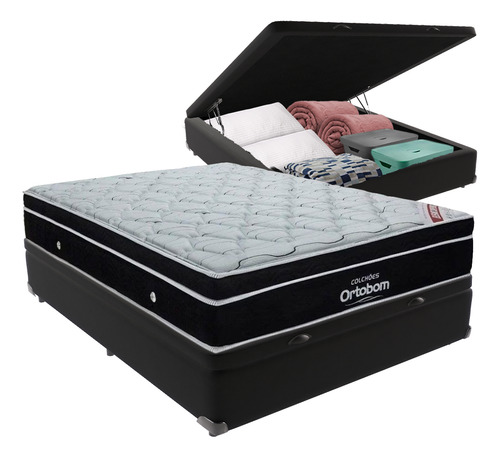 Cama Box Casal Preto Baú Colchão Ortobom Elegant Europillow