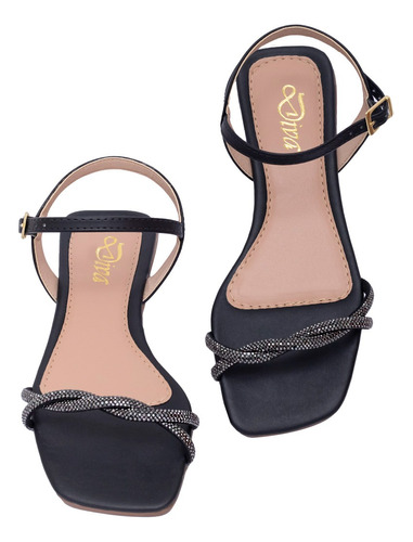 Sandália Rasteirinha Rasteira Flat Metalizada Strass Feminin