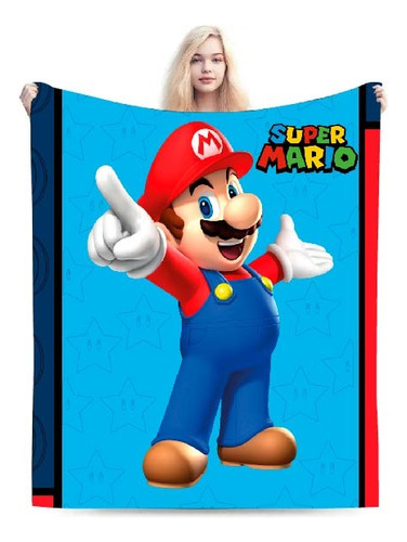 Cobija Mario Bros Azul 160cm X 180cm Con Posterior Ovejero