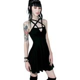 Vestido Negro Dama Sexy Gótico Sin Manga Pentagrama