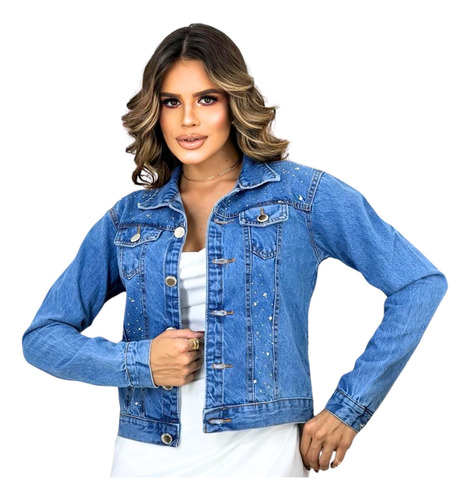 Jaquetinha Jeans Feminina Casaco Manga Comprida Escura Lycra