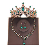 Conjunto Coroa Tiara Colar E Brincos Debutante Verde Dourado