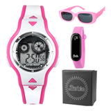 Relógio Digital + Rosa Barbie Infantil + Caixa + Oculos Sol