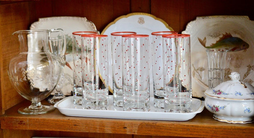 Set 6 Vasos Vintage Highballs Tragolargo Red Polka Dot C1980