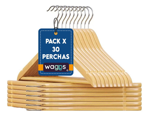 Pack De 30 Perchas De Madera Lustrada Y Barnizada 1° Calidad