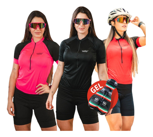 Kit Ciclismo Feminino Conjunto Camisa Bermuda Forro Gel Pro*