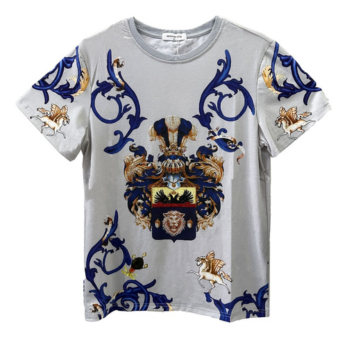 Playera Estampada Corona Y Vid Azul Y Oro Con Diamantes