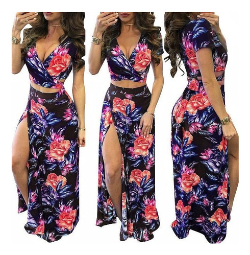 Vestido Falda Crop Top Elegante Flores Spandex Playa Fie [u]