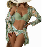 Beach Cover-up Set Mujer Kimono + Bikini Floreado 2024