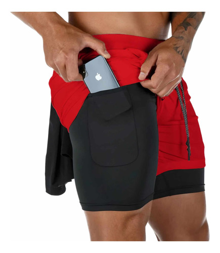 Short Gym Hombre Con Licra Deportiva 2 En 1 Bolsa Celular