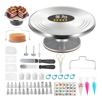 Base Giratoria Decorar Pastel Reposteria Aluminio Kit 96 Pie Plateado