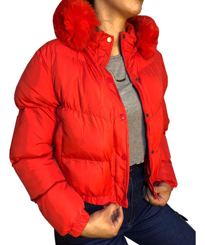 Campera Puffer Mujer Corta Con Capucha Piel Abrigo Inflable