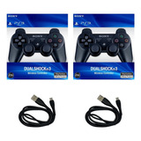 Kit 2 Controle Joystick Para Ps3 Preto + Cabo Carregador