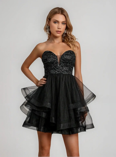 Vestido Corto Negro Fiesta Elegante Tul Malla Boda Graduacio | Meses sin interés