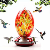 Garden Hummingbird Feeder With Perch - Hand Blown Glass - Bl