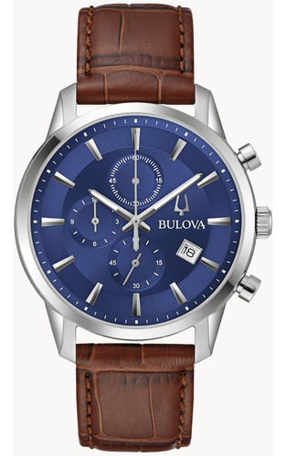 Reloj Bulova Clásico Sutton Crono 96b402 Para Hombre Correa Marrón Fondo Azul
