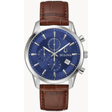 Reloj Bulova Clásico Sutton Crono 96b402 Para Hombre Correa Marrón Fondo Azul