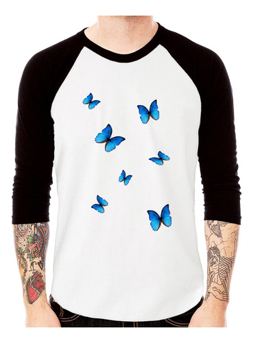 Camiseta Raglan Borboletas Azuis 3/4