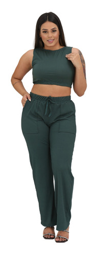 Conjunto Feminino Cropped E Calça Pantalona Verde Militar