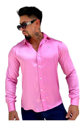 Camisa Social Masculina Slim Fit Elastano M\ Longa Premium 