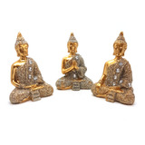 Trio Buda Tailandês Meditando Dourando Brilhante Buda 9 Cm