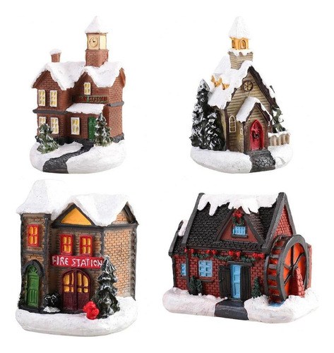 4 Piezas Resina, Navidad, Nieve, Casas, Led, Pueblo, Set,