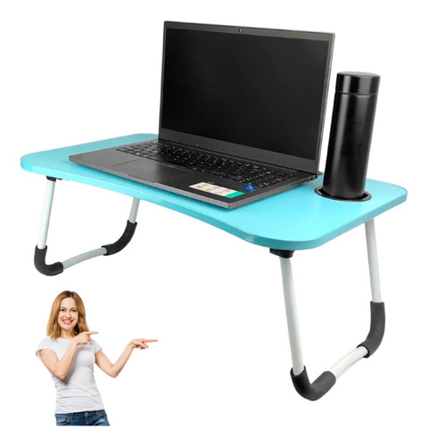 Mesa Portátil Dobravel Para Notebook Azul  Refeição Madeira