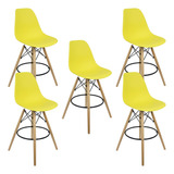 Kit 5 Banqueta Charles Eames Eiffel Wood Design Base Madeira Cor Amarelo