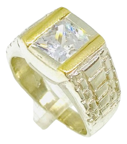 Ap 051  Anillo Para Hombre Con Cubic Cuadrado Plata Y Oro 