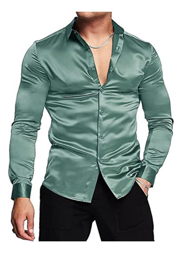 Camisa De Vestir De Satén De Seda Brillante Para Hombre, Man