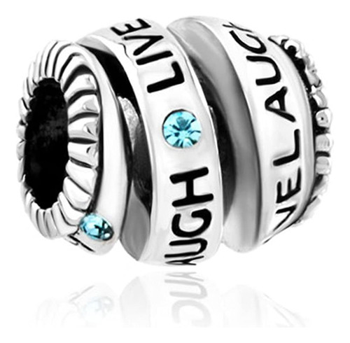 Plata De Ley Live Love Laugh Encanto Azul Birthstone Vidrio 