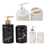 Kit Banheiro 02 Pçs Porcelana Design Moderno Detalhe Dourado