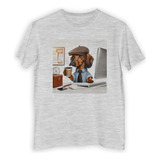 Remera Hombre Perro Salchicha Sombrero Cafe Oficina