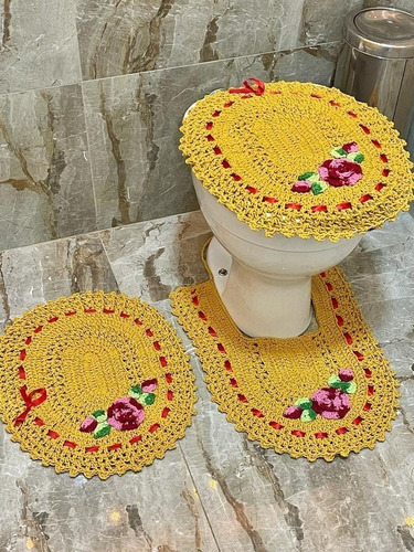 Jogo De Banheiro De Crochê Simples - Cor Amarelo