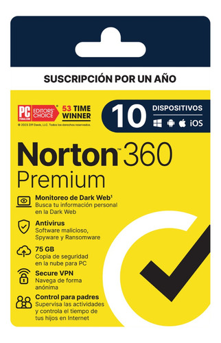 Antivirus Norton 360 Premium 75gb 10 Dispositivos 1 Año