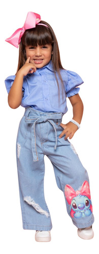 Conjunto Calça Jeans, Blusa Azul E Jaqueta Stitch Menina