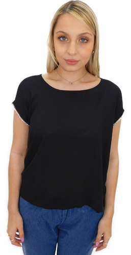 Blusa Mangas C/ Strass Fiesta Elegante Negra Talle Verano