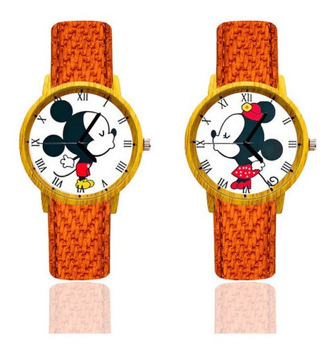 Reloj Pareja Mickey Y Minnie Tono Madera Marron Claro
