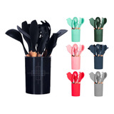 Jogo 11 Colheres Silicone Cabo Madeira Utensílios Cozinha Cor Preto