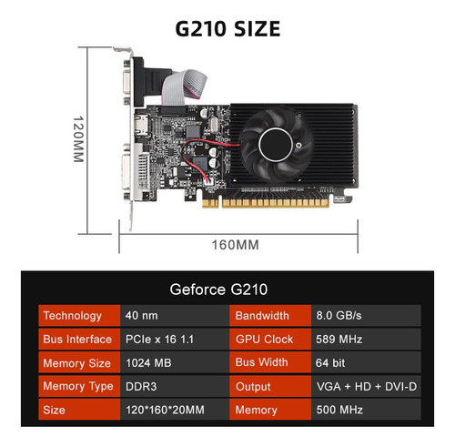 Tarjeta Gráfica Gt210 1g Ddr3 64bit 589mhz 500mhz Dvi+vga+-c