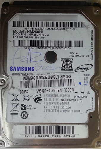 Disco Samsung Hm250hi 320gb Sata 2.5 - 504 Recuperodatos