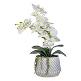 Vaso Cerâmica Frisado Branco Azul Com Flor Orquídeas Brancas