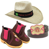 Combo Infantil Feminino Botina Bota Rosa + Chapeu Mm + Cinto