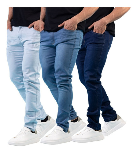 Kit 3 Peças Calça Jeans Sarja Masculina Slim Skinny C Lycra 