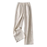 Pantalón Recto Holgado De Algodón Y Lino Para Mujer.