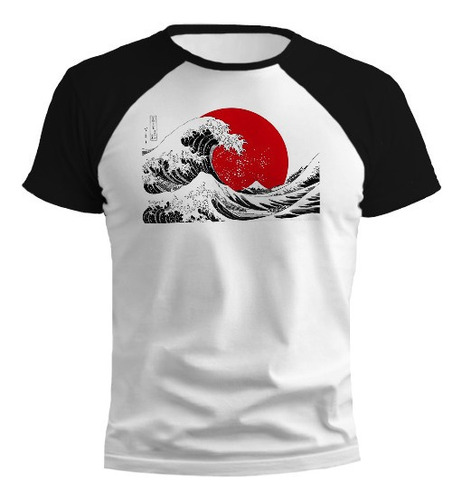 Remera La Ola Japón Diseño Negro Y Rojo Exclusivo Ranglan