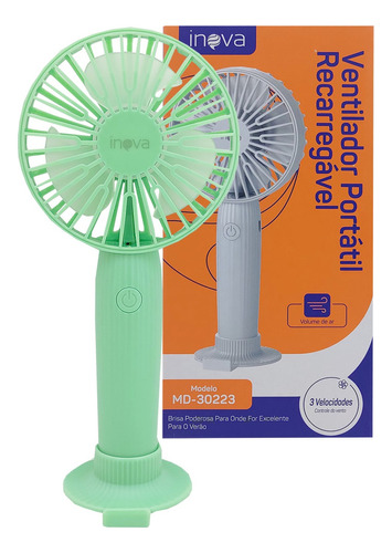 Ventilador De Mão Portátil C/ Suporte Celular 3 Velocidades Cor Da Estrutura Verde Cor Das Pás Verde Diâmetro 20   Material Das Pás Plástico 110v/220v