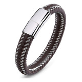 Pulsera Manilla Para Hombre En Cuero Café Y Acero 20.5cmts.